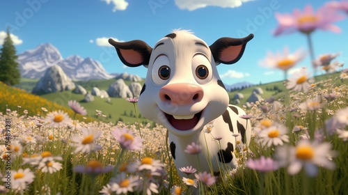 Cartoon a dairy cow in a field of flowers. 3d illustration photo