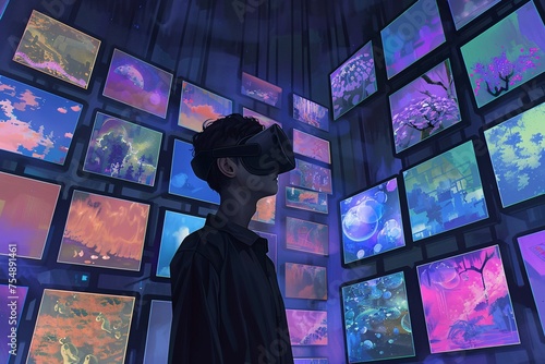 Virtual Reality Experience A Man in a Black Shirt and VR Headset in a Colorful Display of Images Generative AI
