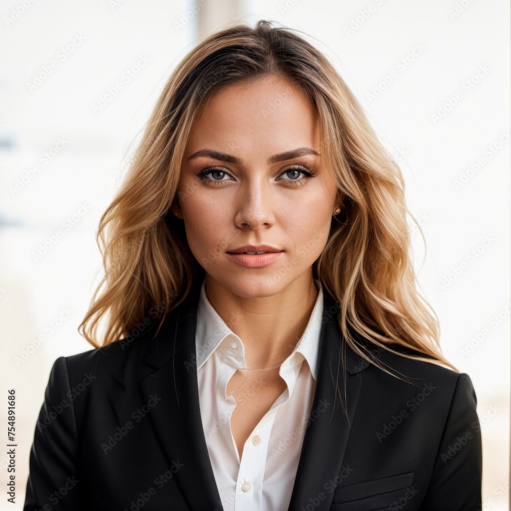 Confident female model posing stylishly in black suit and white shirt Confident female model posing stylishly in black suit and white shirt