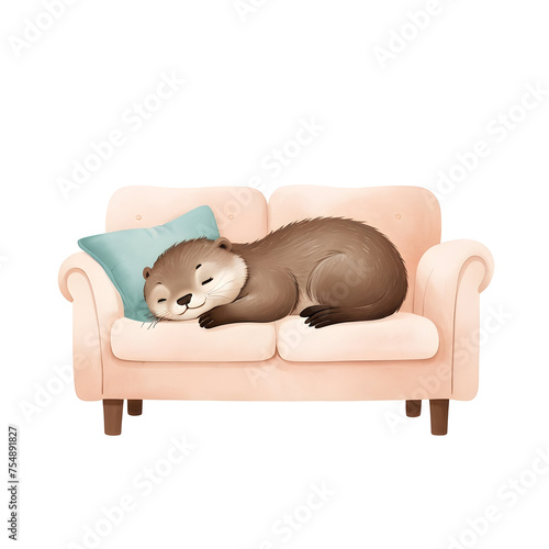 Amazing Otter Sleeping on a Sofa illustration for kids books