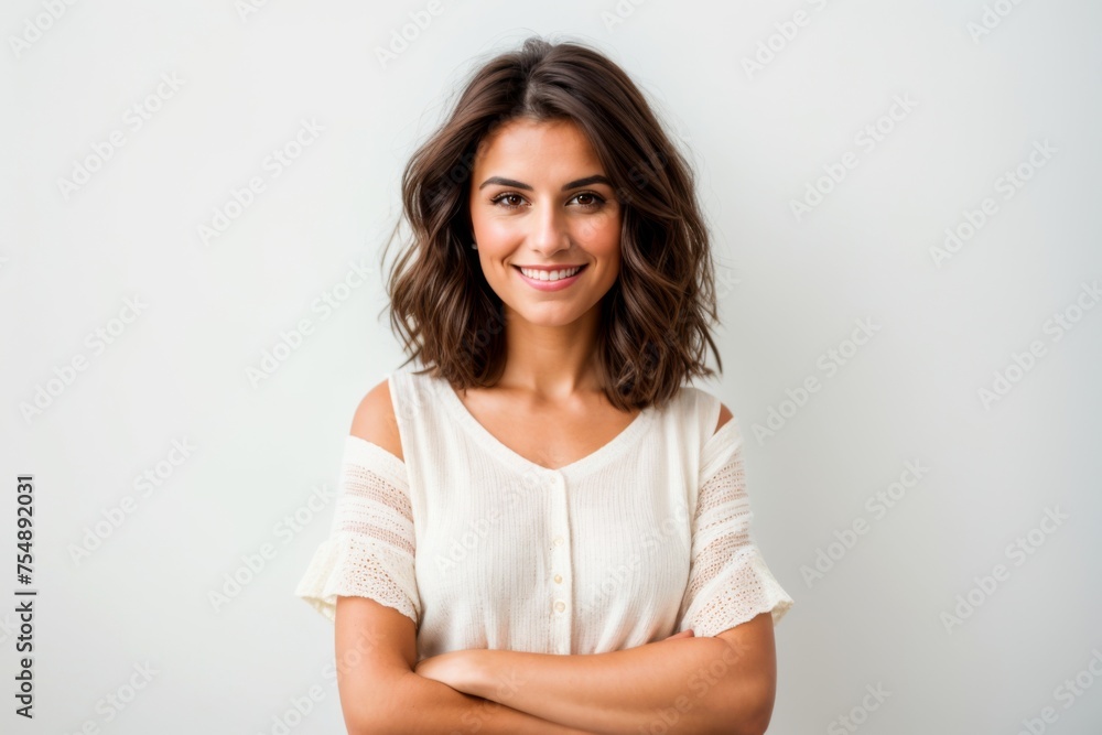 Content woman standing with arms crossed against light background Content woman standing with arms crossed against light background