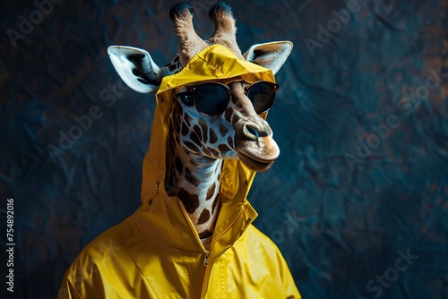 Giraffe in Yellow Sunglasses and Raincoat Generative AI © Riya