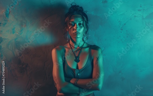 A woman with a necklace and a headband stands in front of a wall. The wall is blue and has a pattern. The woman is wearing a black tank top and has tattoos on her arm
