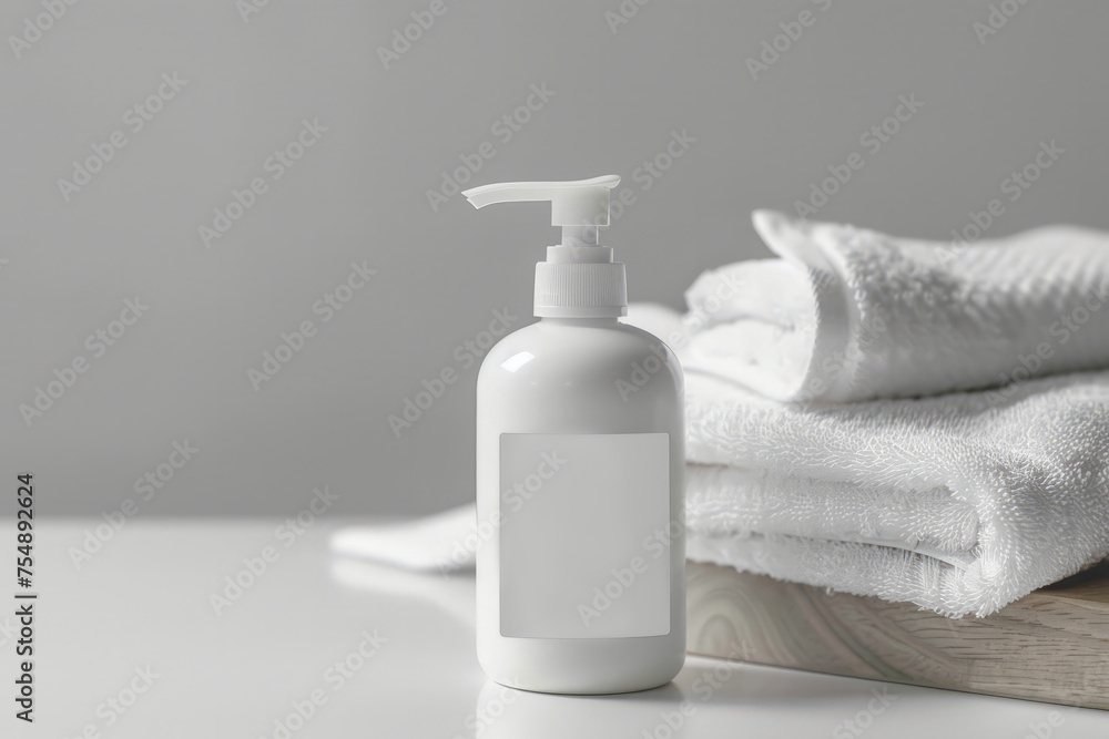 A bottle of lotion is placed on top of a table. Liquid soap bottle with towels mockup A bottle of lotion is placed on top of a table. Liquid soap bottle with towels mockup