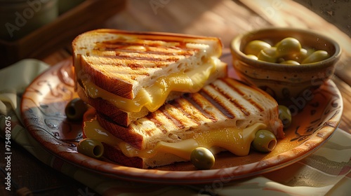 Savory Grilled Cheese Sandwich with Olive Toppings Generative AI