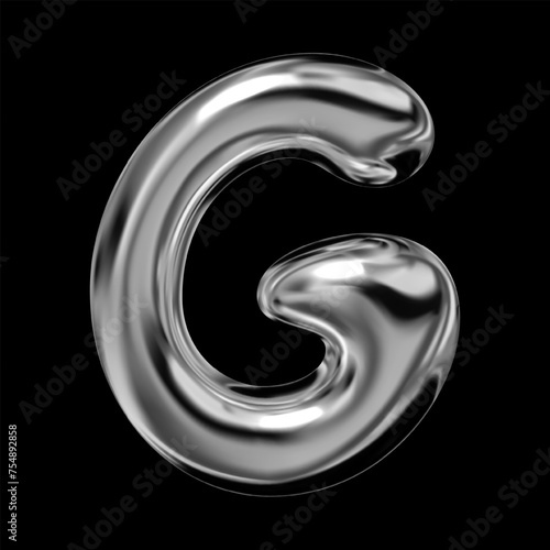 3D chrome letter G of English alphabet, Y2K retro typeface with inflated balloon bubble font style, liquid metal texture, glossy shiny fluid surface, vector isolated