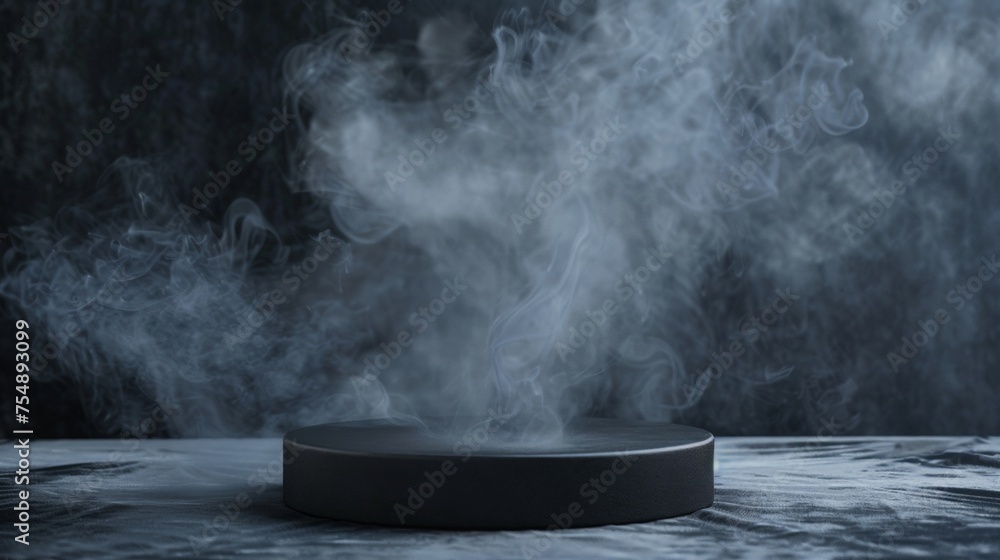 Mysterious Round Black Podium in Smoke on Dark Background