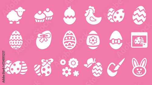 Happy Easter Icons. Set of easter symbol with pink color eggs, floral, animals vectors element
