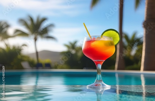 A colorful cool cocktail in a beautiful glass on the side of the pool. Advertising of a spa, pool, resort
