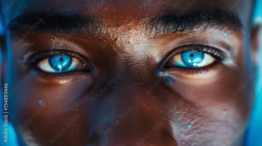 A man with brown skin and blue eyes. The eyes are open and staring at the camera. The man's face is covered in a light dusting of glitter A man with brown skin and blue eyes. The eyes are open and staring at the camera. The man's face is covered in a light dusting of glitter