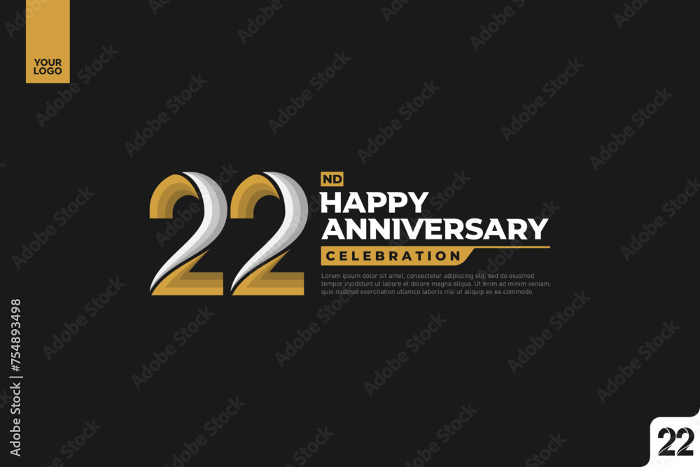 Obraz premium 22nd happy anniversary celebration with gold and silver on white background.