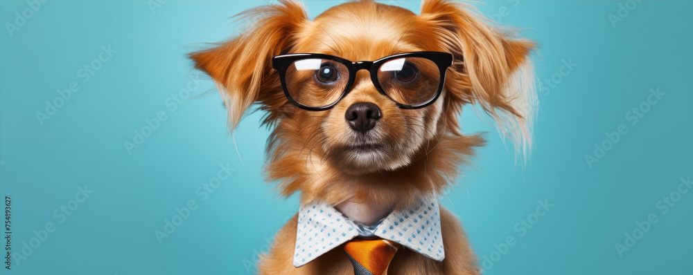 Funny dog in glasses with tie on blue background. - obrazy, fototapety, plakaty 