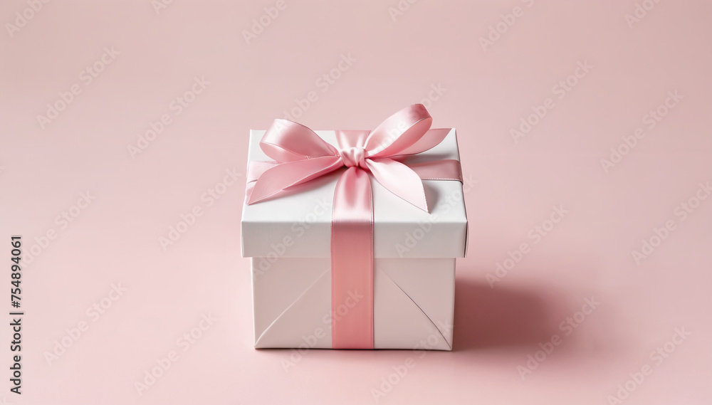 Present gift box with satin pink bow. Background elegant copy space, pink ribbon decorated with blooming sakura flowers. Decorations, gifts, parties, valentine's day, romance and asian style. Present gift box with satin pink bow. Background elegant copy space, pink ribbon decorated with blooming sakura flowers. Decorations, gifts, parties, valentine's day, romance and asian style.