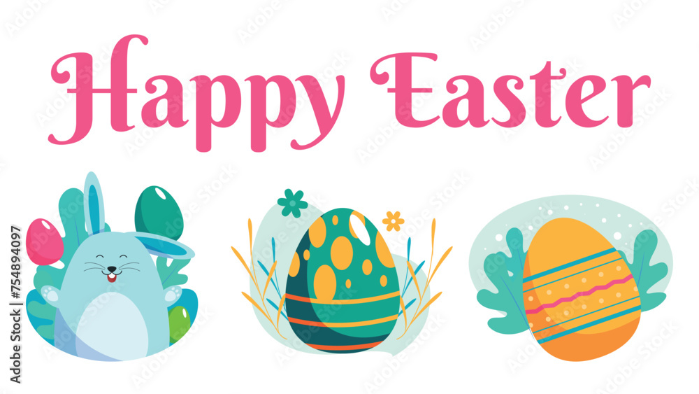 Fototapeta premium Happy Easter card with eggs and flowers set. Cute bunny with flowers. Vector hand drawn easter element collection