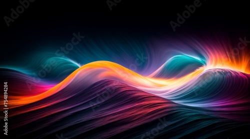 Dynamic blend of vibrant colors in light waves against a dark background 