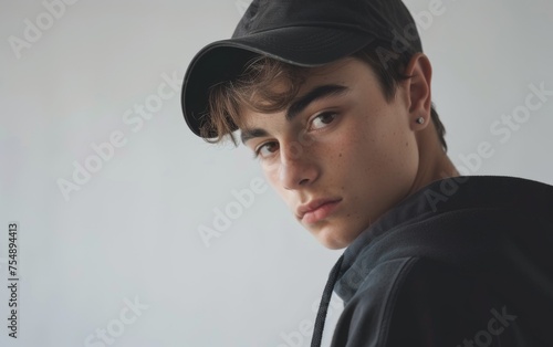 A young man wearing a black hat and a black hoodie is looking at the camera. Concept of confidence and self-assurance, as the young man stands tall and poses for the camera