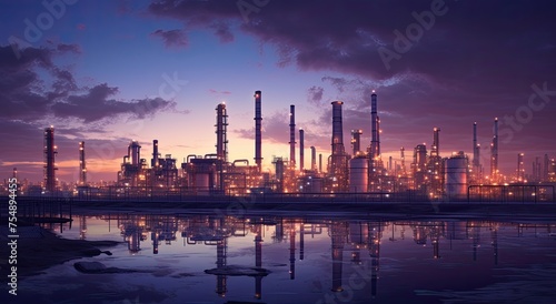 gas refinery surrounded by pipes at dusk