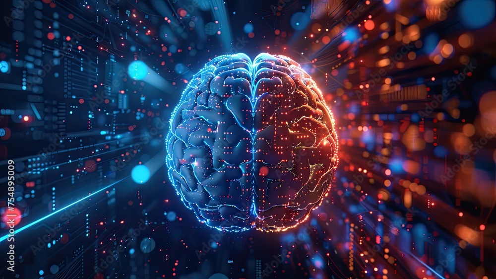 © Suresh - Merge of digital AI and human brain halves in complexity theory, futuristic blue background. Conceptual synthesis of minds.