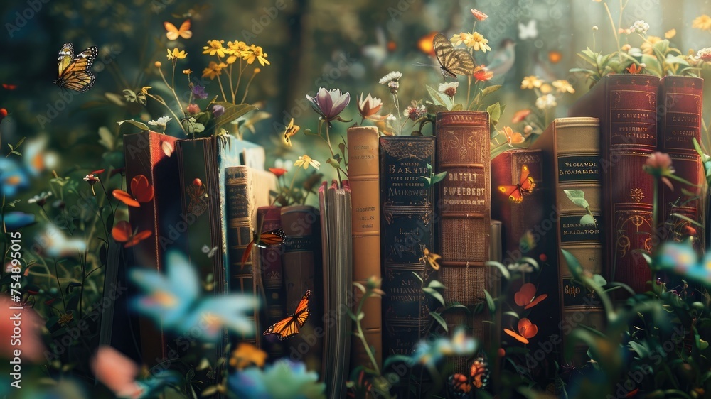 Discover the magic of a garden where books bloom like flowers, surrounded by butterflies and birds. A captivating scene symbolizing the growth and beauty literature adds to our lives. - obrazy, fototapety, plakaty 