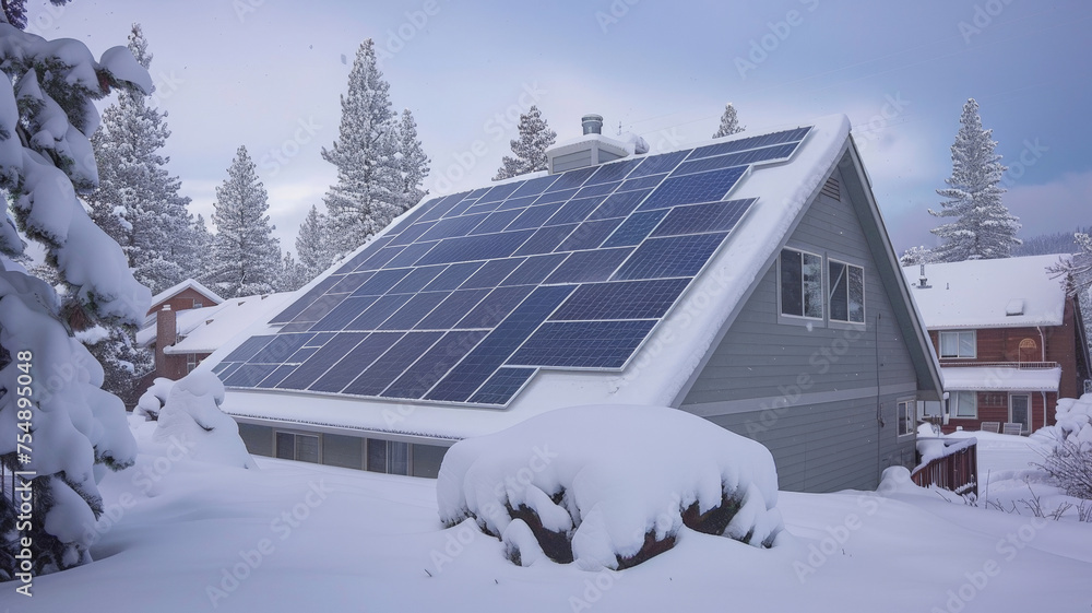 Snow-Covered Solar Panels on House Roof