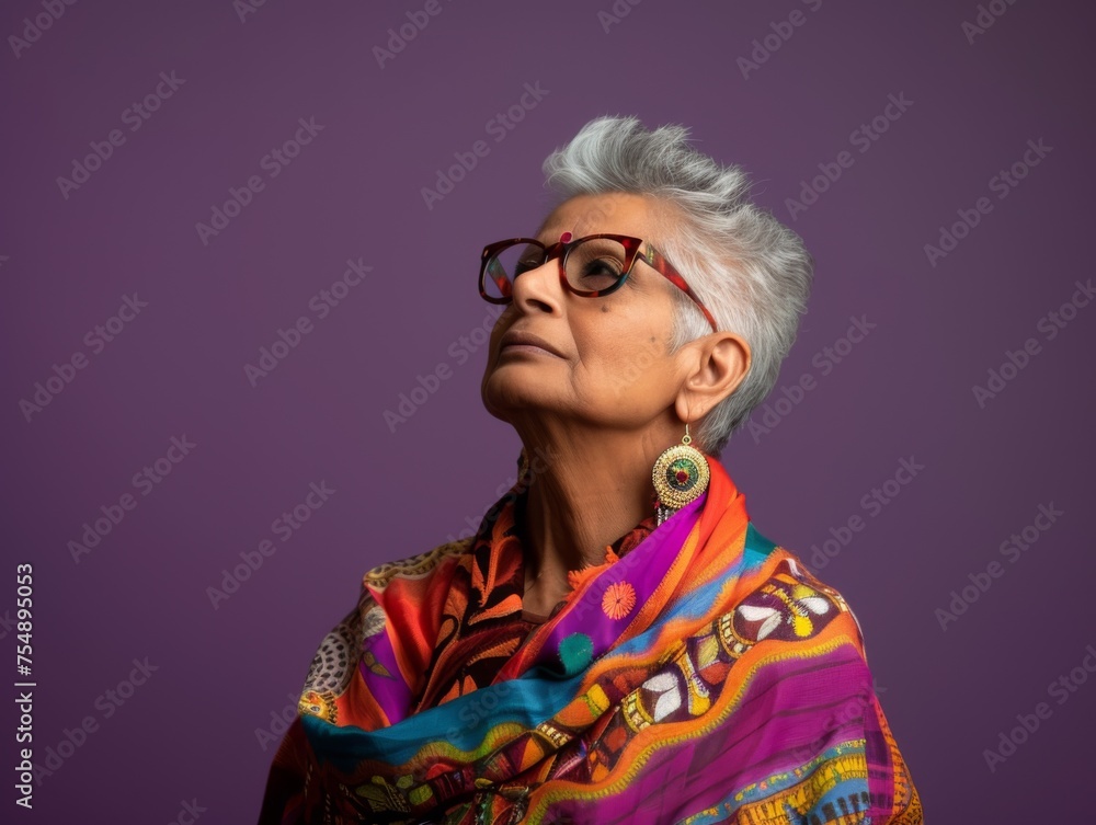 A woman wearing glasses and a colorful scarf stands in front of a purple background. She is looking up, possibly at something in the distance