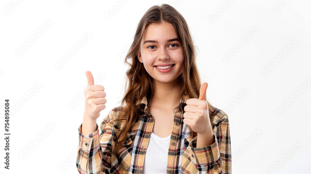 Young woman in casual clothes posing with a thumbs-up isolated on white background. Young woman in casual clothes posing with a thumbs-up isolated on white background.