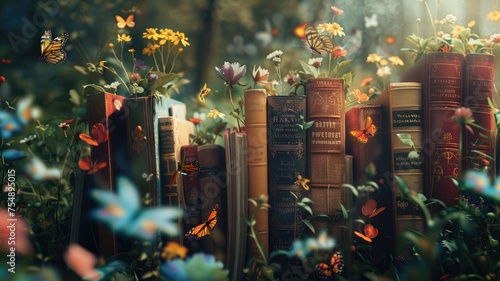 Discover the magic of a garden where books bloom like flowers, surrounded by butterflies and birds. A captivating scene symbolizing the growth and beauty literature adds to our lives.