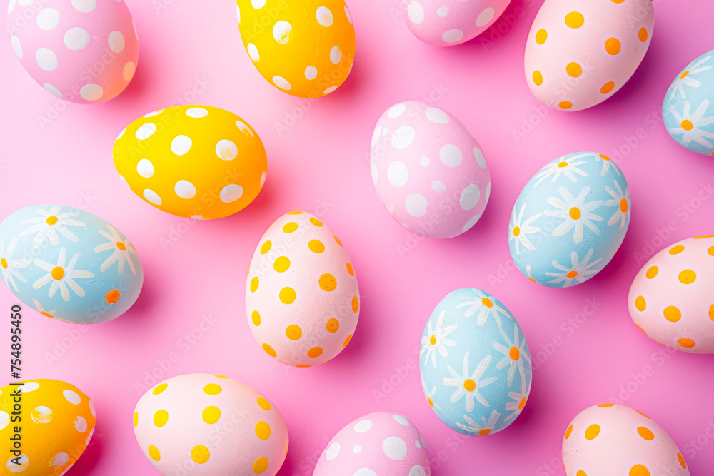 Assorted colorful Easter eggs arranged on a vibrant pink surface, creating a festive and vibrant display