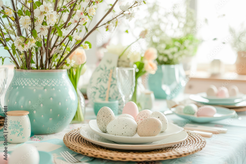 A table adorned with plates and vases filled with Easter flowers