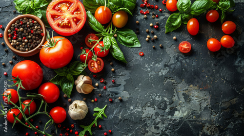 Food cooking background. Ingredients, vegetables, spices and herds on the slate background. With copy space. Top view. 