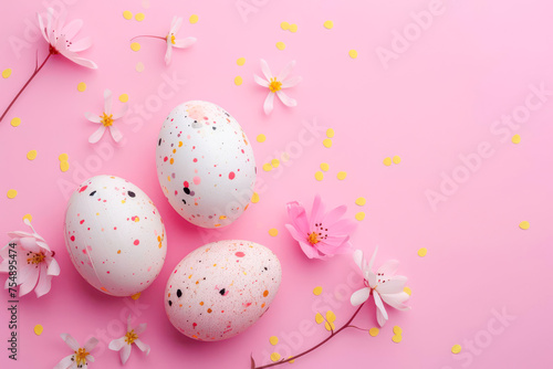 Three speckled eggs resting on a pink background surrounded by delicate flowers