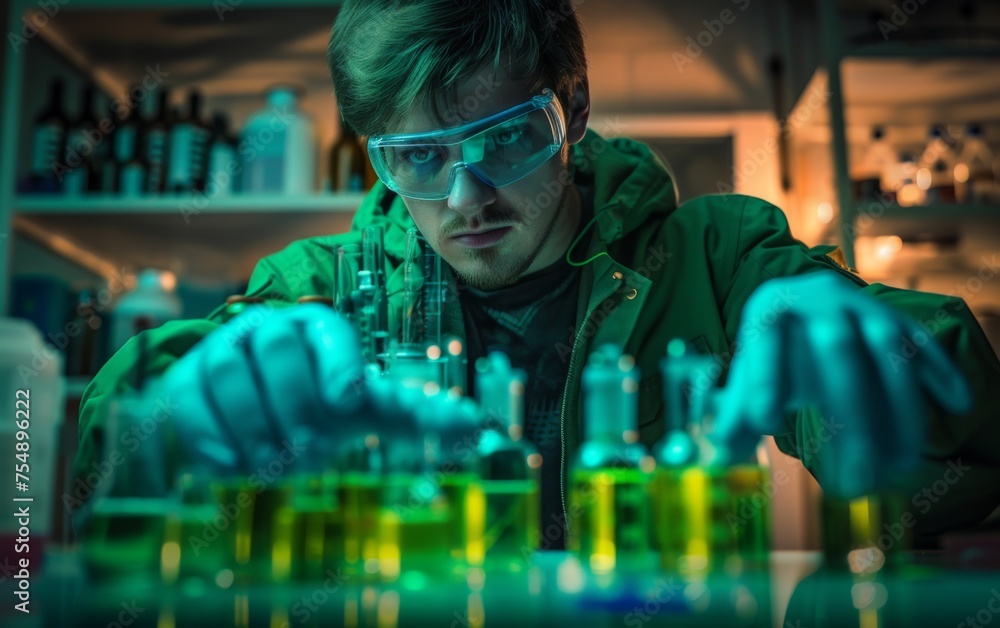 A man in a green jacket is wearing goggles and gloves while working with various chemicals. Concept of caution and precision, as the man carefully handles the bottles and beakers A man in a green jacket is wearing goggles and gloves while working with various chemicals. Concept of caution and precision, as the man carefully handles the bottles and beakers