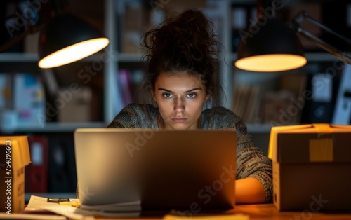A woman is sitting at a desk with a laptop in front of her. She is looking at the screen with a serious expression on her face. The room is dimly lit