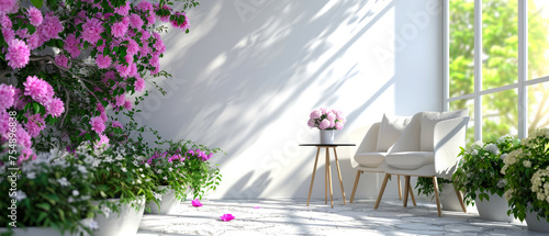 Fototapeta Naklejka Na Ścianę i Meble -  Still life mockup with vase of peonies flowers on pink textured wall. Floral background. Generative ai