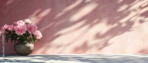 Fototapeta Naklejka Na Ścianę i Meble -  Still life mockup with vase of peonies flowers on pink textured wall. Floral background. Generative ai