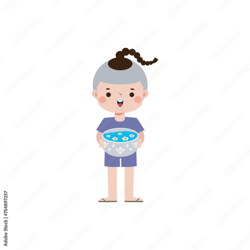 Songkran festival kids thai Traditional holding bowl splashing water Thailand Traditional Happy thai new year Vector Illustration flat style travel concept on white background