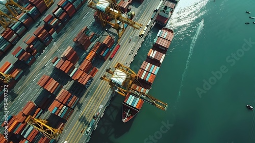 Aerial View of Global Trade Cargo Ships Load Containers at Bustling Port