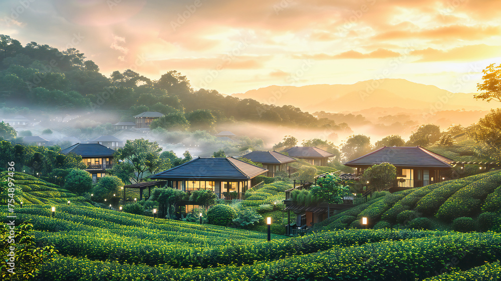 Fototapeta premium Misty Mountain Farm, A Tranquil Morning in Thailands Green Hills, The Quiet Beauty of Agricultural Life, Fresh Air and Nature