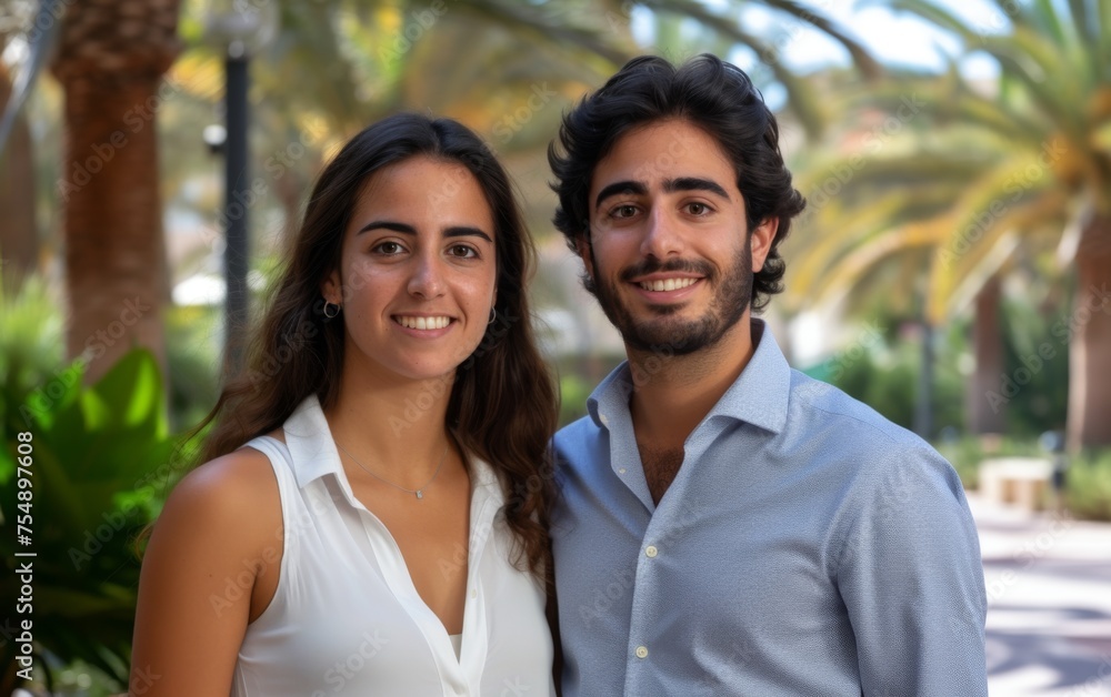 A man and a woman are smiling for the camera. The man is wearing a blue shirt and the woman is wearing a white tank top. They are standing in front of a palm tree A man and a woman are smiling for the camera. The man is wearing a blue shirt and the woman is wearing a white tank top. They are standing in front of a palm tree