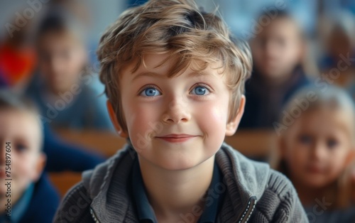 A young boy with blue eyes is smiling at the camera. He is surrounded by other children, some of whom are also smiling. Scene is happy and friendly