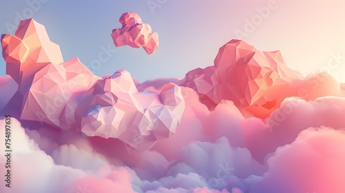 Dreamy Low Poly Pink and Blue Clouds with Geometric Shapes in Soft Lighting and Pastel Colors