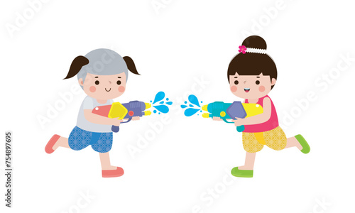 Songkran festival kids thai Traditional enjoy splashing water Thailand New Year Day Vector Illustration template Thailand concept on white background