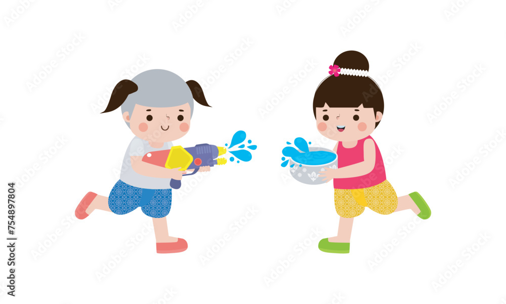 Songkran festival kids thai Traditional enjoy splashing water Thailand New Year Day Vector Illustration template Thailand concept on white background Songkran festival kids thai Traditional enjoy splashing water Thailand New Year Day Vector Illustration template Thailand concept on white background