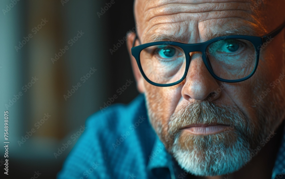 A man with glasses is staring at the camera. He has a beard and a mustache. The man is wearing a blue shirt A man with glasses is staring at the camera. He has a beard and a mustache. The man is wearing a blue shirt