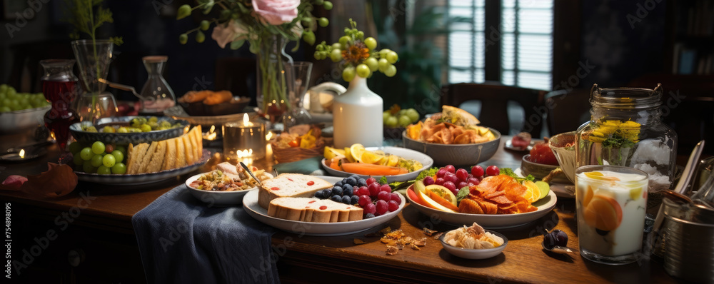 Fototapeta premium Healthy breakfast table, fruits meat and salads fresh food. banner
