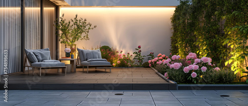 Evening scene with backyard, terrace with plants, lounge furniture, lantern. Layout with peonies, blooming garden. Penthouse patio. Exterior design. Villa facade. Copy space. Generative AI