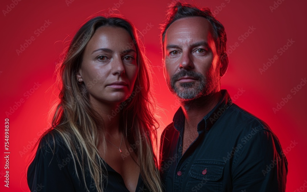 Obraz premium A man and woman are standing in front of a red background. The woman is wearing a black dress and the man is wearing a black shirt. Scene is serious and intimate