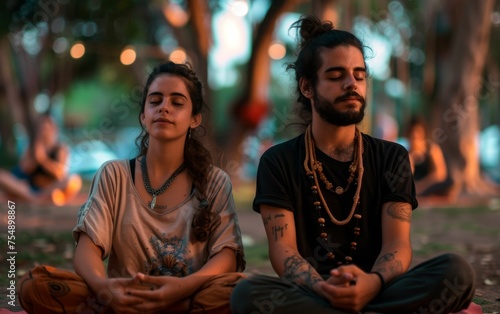 A man and a woman are sitting on the grass, meditating. The man has a beard and the woman has long hair