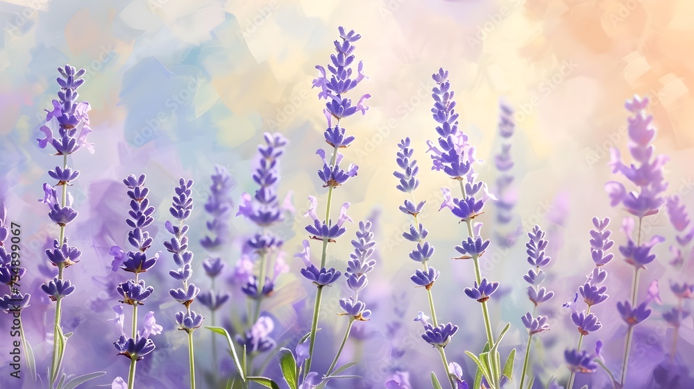 Fototapeta premium Whimsical Digital Painting of Lavender Fields in Full Bloom with Soft Pastel Colors and Warm Sunlight