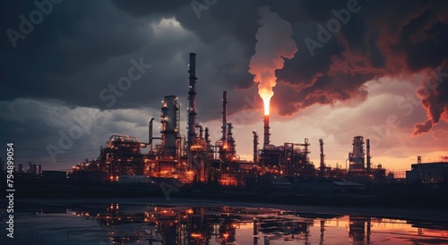 gas refinery surrounded by pipes at dusk